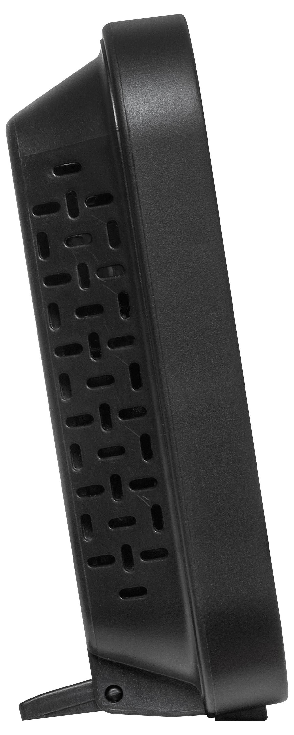 Ein schwarzes elektronisches Gerät mit Lüftungsschlitzen, von der Seite betrachtet.