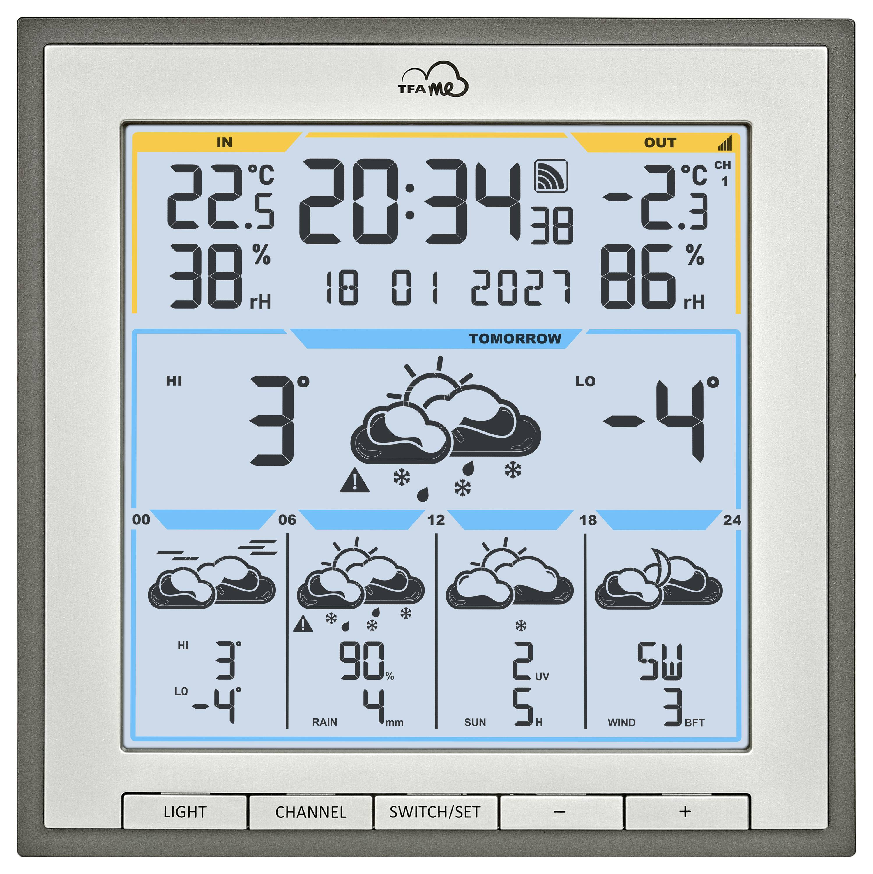 Digitale Wetteranzeige, die Innen- und Außentemperaturen, Luftfeuchtigkeit, Uhrzeit, Datum und Wettervorhersage mit Symbolen für Schnee und Wolken anzeigt.