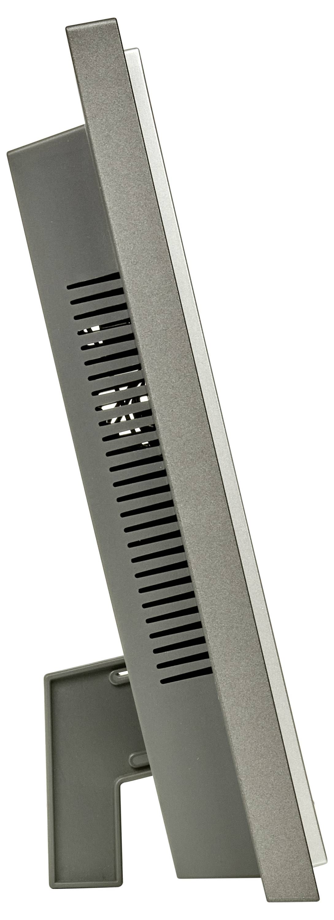 Eine Seitenansicht eines Flachbildschirms mit silbernem Rahmen und schwarzen Belüftungsschlitzen, gestützt von einem grauen Ständer.