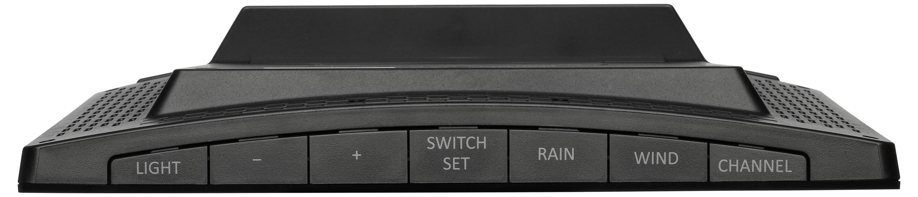 Eine schwarze Fernbedienung mit Tasten, die mit "Licht", "Schalter-Set", "Regen", "Wind" und "Kanal" beschriftet sind, sowie Lautstärkeregelung.