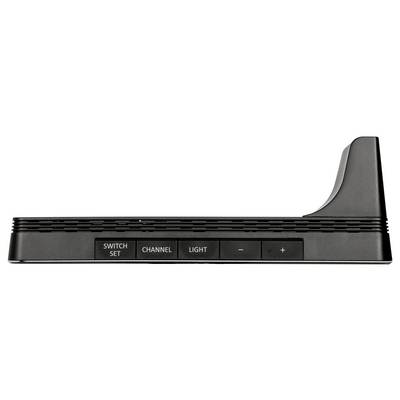 Ein schwarzes elektronisches Gerät mit Tasten, die mit "Schalter", "Einstellen", "Kanal" und "Licht" beschriftet sind, mit Plus- und Minussymbolen, höchstwahrscheinlich eine Fernbedienung oder Steuereinheit.