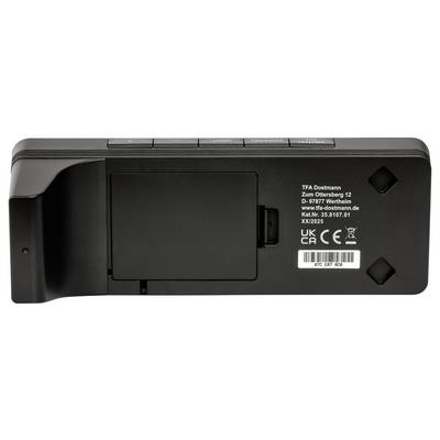 Rückansicht eines schwarzen elektronischen Geräts, die die Adresse des Herstellers, die Modellnummer, Zertifizierungen und einen Barcode zeigt.