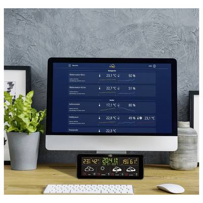 Ein Computerbildschirm auf einem Schreibtisch zeigt ein digitales Dashboard mit Temperatur- und Luftfeuchtigkeitswerten für verschiedene Räume. Eine digitale Uhr und eine Pflanze befinden sich in der Nähe.