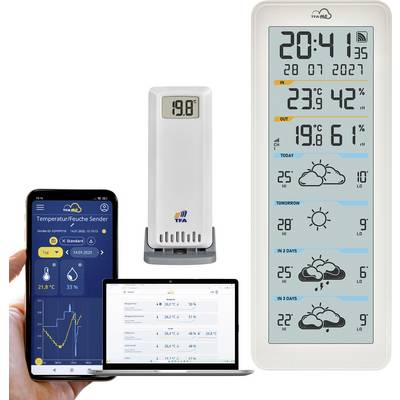 Digitale Wetterstation-Anzeige, die aktuelle Uhrzeit, Temperatur, Luftfeuchtigkeit und Vorhersage zeigt, mit begleitenden App-Schnittstellen auf Smartphone und Laptop.