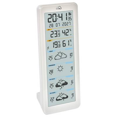 Digitale Wetterstation-Anzeige, die die aktuelle Uhrzeit, das Datum, Innen- und Außentemperaturen und Luftfeuchtigkeit sowie eine 3-Tage-Wettervorhersage mit Symbolen und Temperatur-Höchst- und Tiefstwerten zeigt.
