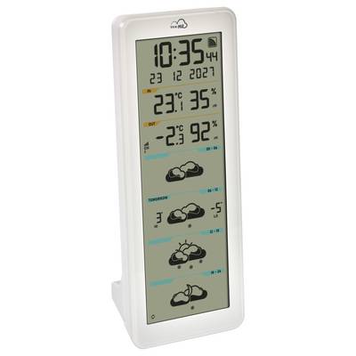 Eine digitale Wetterstation zeigt die Uhrzeit, das Datum, Innen- und Außentemperaturen, Luftfeuchtigkeit und eine Drei-Tage-Wettervorhersage mit Symbolen.