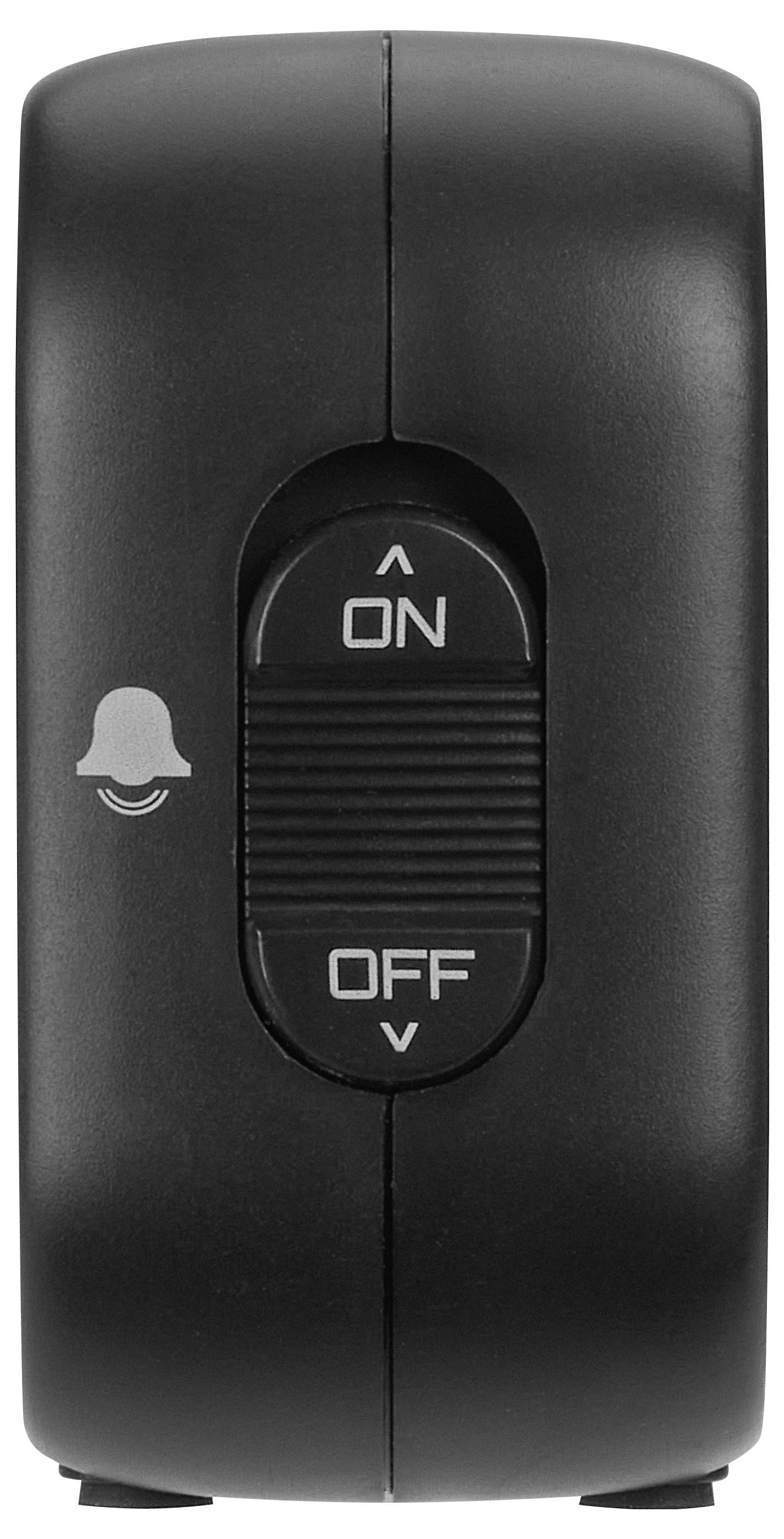 Ein schwarzer Schalter mit einem Glocken-Symbol, der oben mit 'EIN' und unten mit 'AUS' beschriftet ist, wahrscheinlich zur Steuerung einer Ton- oder Benachrichtigungsfunktion.