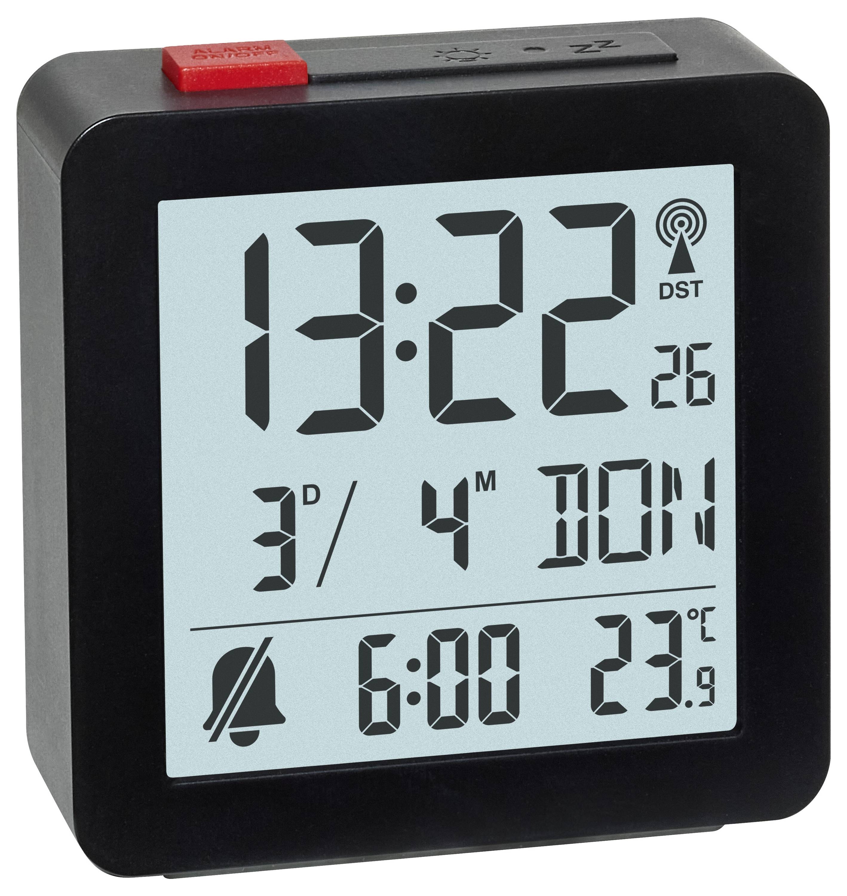 Eine digitale Uhr zeigt '13:22' an, mit dem Datum '3. April', Tag 'Montag', Wecker gestellt auf '6:00' und Temperatur '23,9°C'.
