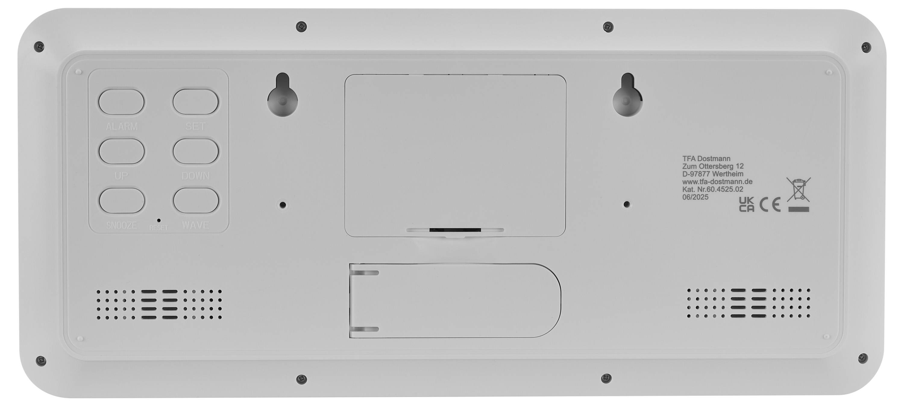 Das Bild zeigt die Rückseite eines elektronischen Geräts mit Wandmontage-Schlitzen, Batteriefächern und Knopfgehäusen.
