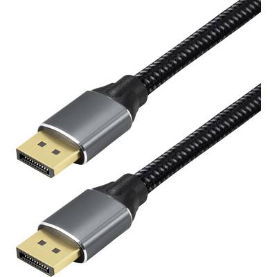 Zwei DisplayPort-Kabel mit grauen und schwarzen Anschlüssen und geflochtenen schwarzen Kabeln, die für Audio- und Videoübertragung zwischen Geräten verwendet werden.