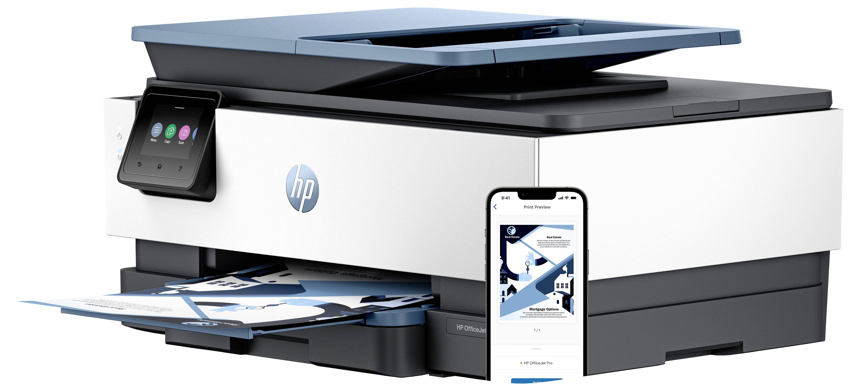 Ein All-in-One-Drucker mit einem Mobiltelefon, das eine drahtlose Druck-App anzeigt und Konnektivität und Druckfunktionalität hervorhebt.