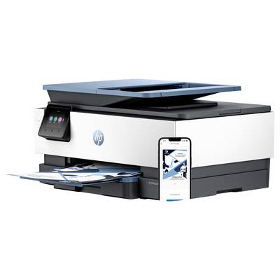 Ein All-in-One-Drucker mit einem Mobiltelefon, das eine drahtlose Druck-App anzeigt und Konnektivität und Druckfunktionalität hervorhebt.