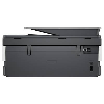 Ein schwarzer Multifunktionsdrucker mit einem Flachbettscanner, USB- und Ethernet-Anschlüssen, die auf der Rückseite sichtbar sind.
