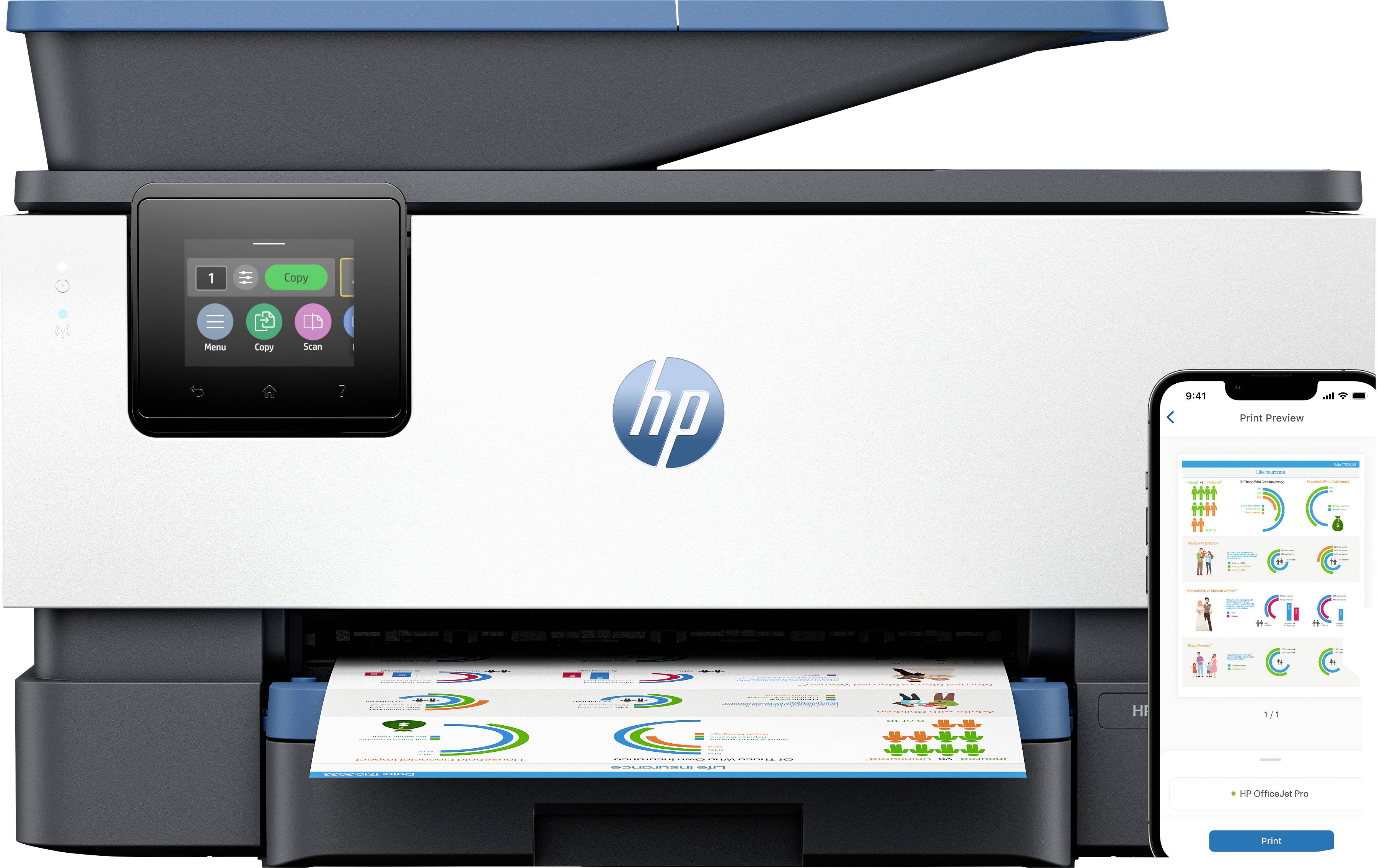 Ein Farbdrucker gibt eine Seite mit Diagrammen und Grafiken aus. Ein Smartphone zeigt eine Druckvorschau und demonstriert dabei die drahtlose Druckfunktion.