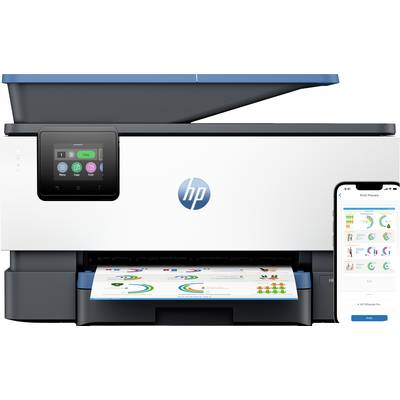 Ein Farbdrucker gibt eine Seite mit Diagrammen und Grafiken aus. Ein Smartphone zeigt eine Druckvorschau und demonstriert dabei die drahtlose Druckfunktion.