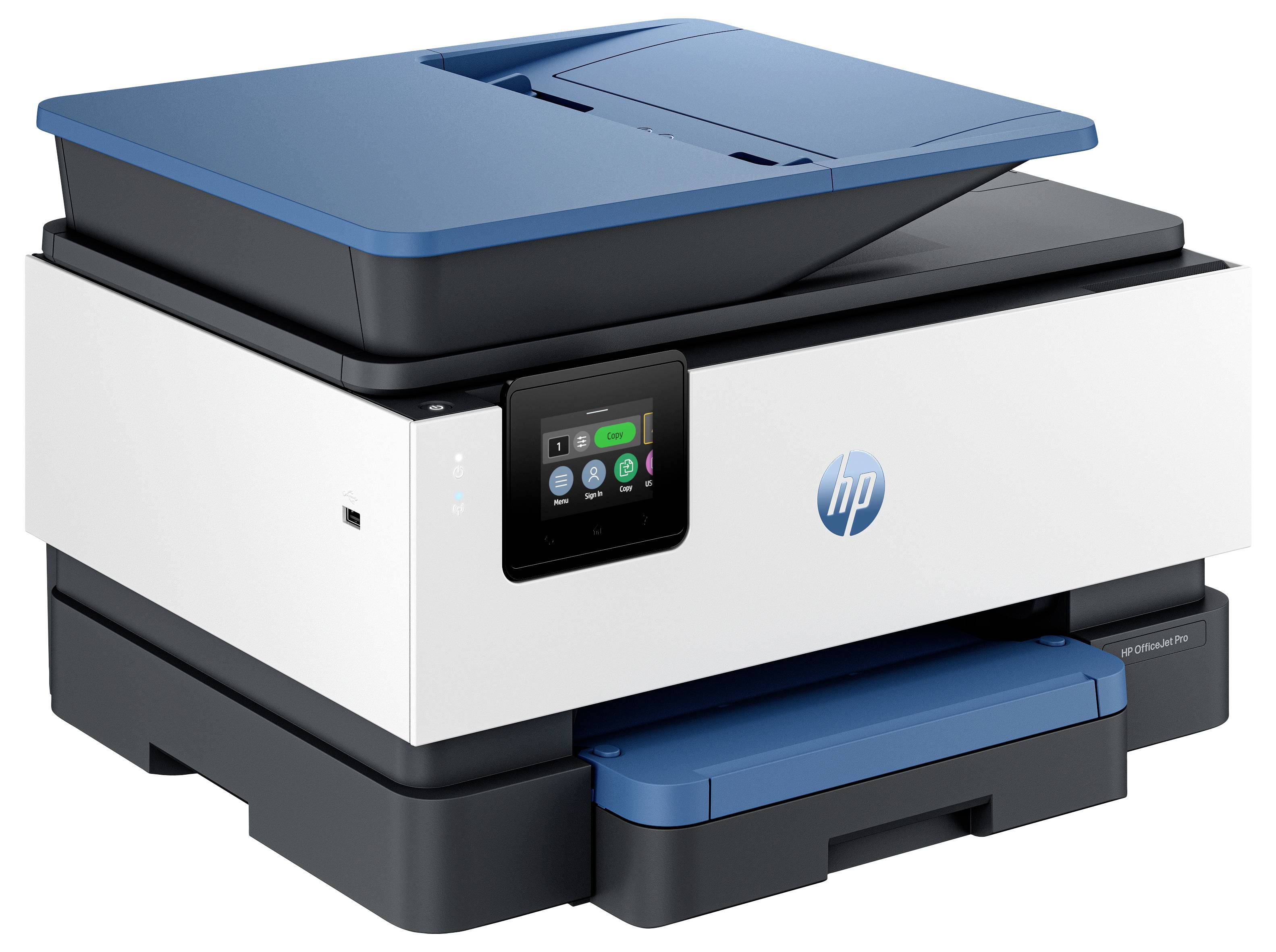 Ein weißer und blauer Multifunktionsdrucker mit Touchscreen-Display und HP-Branding.