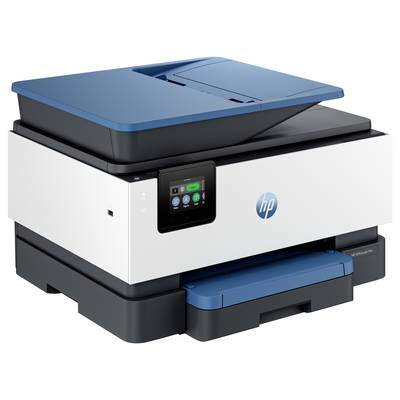 Ein weißer und blauer Multifunktionsdrucker mit Touchscreen-Display und HP-Branding.