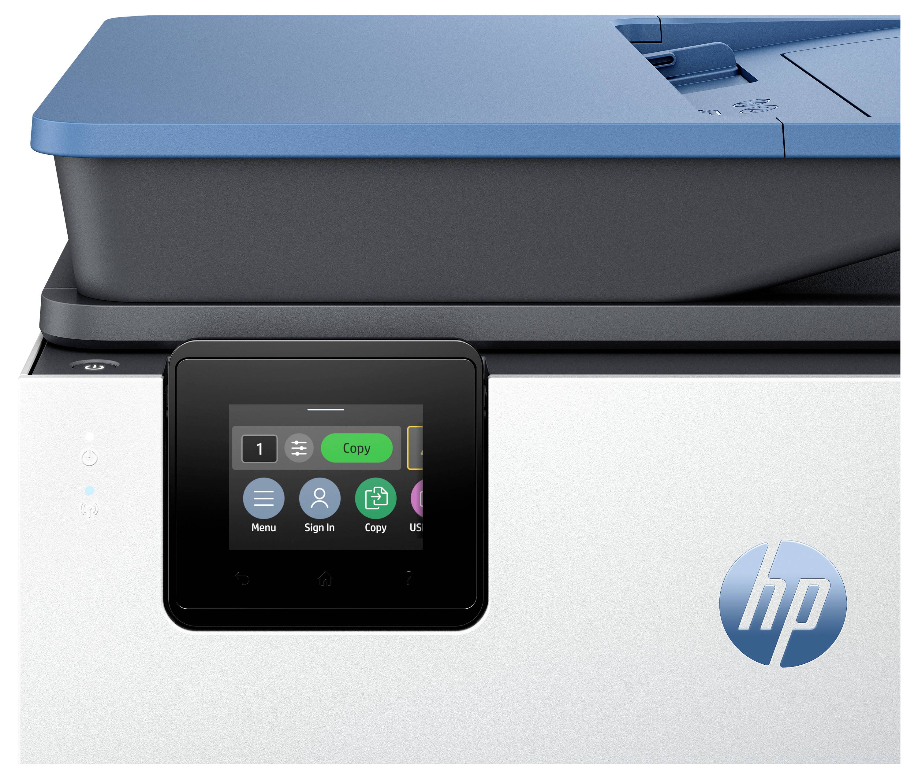 Ein moderner Bürodrucker mit einem Touchscreen-Panel, das Optionen wie ‚Kopieren', ‚Menü' und ‚Anmelden' anzeigt und das HP-Logo trägt.