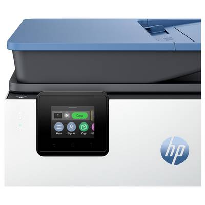 Ein moderner Bürodrucker mit einem Touchscreen-Panel, das Optionen wie ‚Kopieren', ‚Menü' und ‚Anmelden' anzeigt und das HP-Logo trägt.