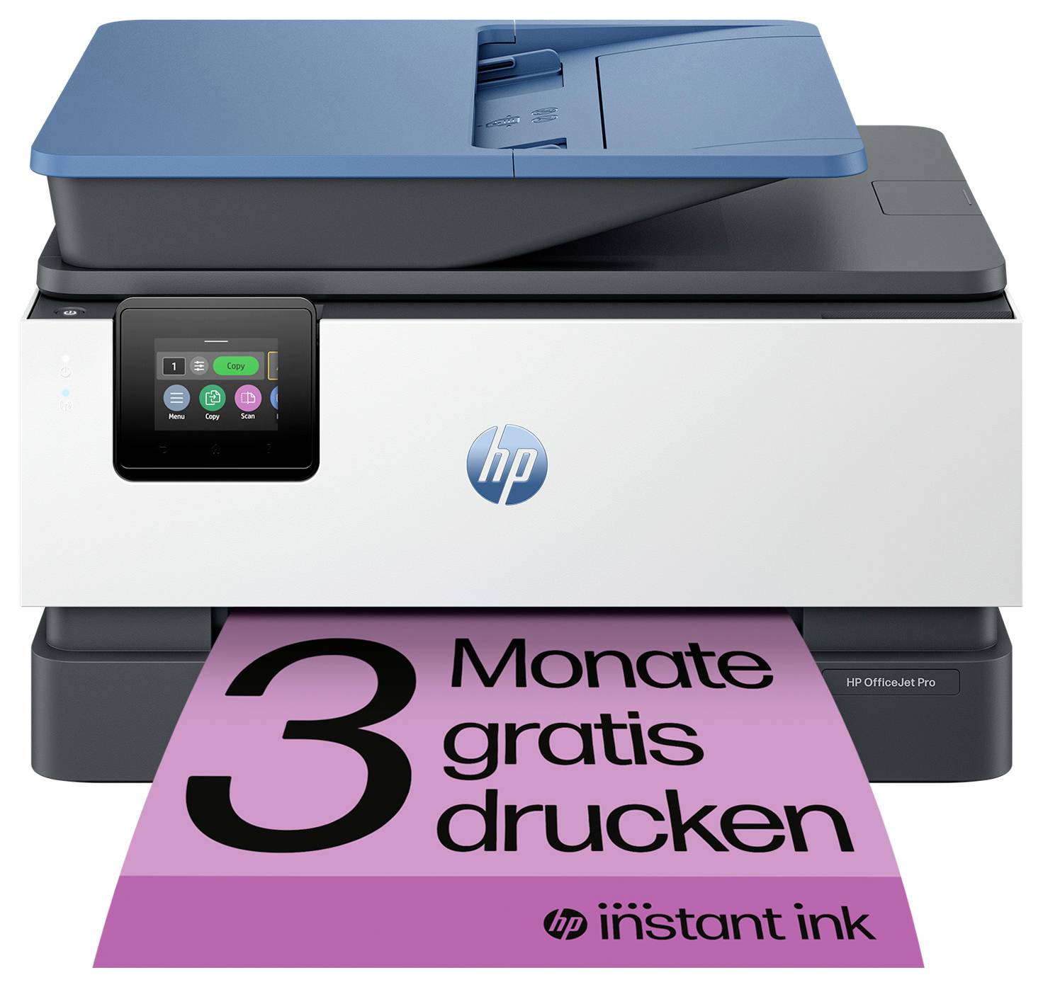 Ein weißer und blauer HP-Drucker, aus dem eine rosa Seite mit der Aufschrift '3 Monate gratis drucken' herauskommt.