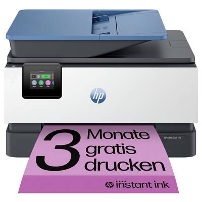Ein weißer und blauer HP-Drucker, aus dem eine rosa Seite mit der Aufschrift '3 Monate gratis drucken' herauskommt.