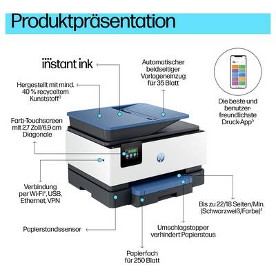 Produktpräsentation Drucker in Blau und Weiß mit Touchscreen, automatischem Dokumenteneinzug, drahtloser Konnektivität und 'DruckApp'. Automatische Papierunterbrechung, 250-Blatt-Fach.