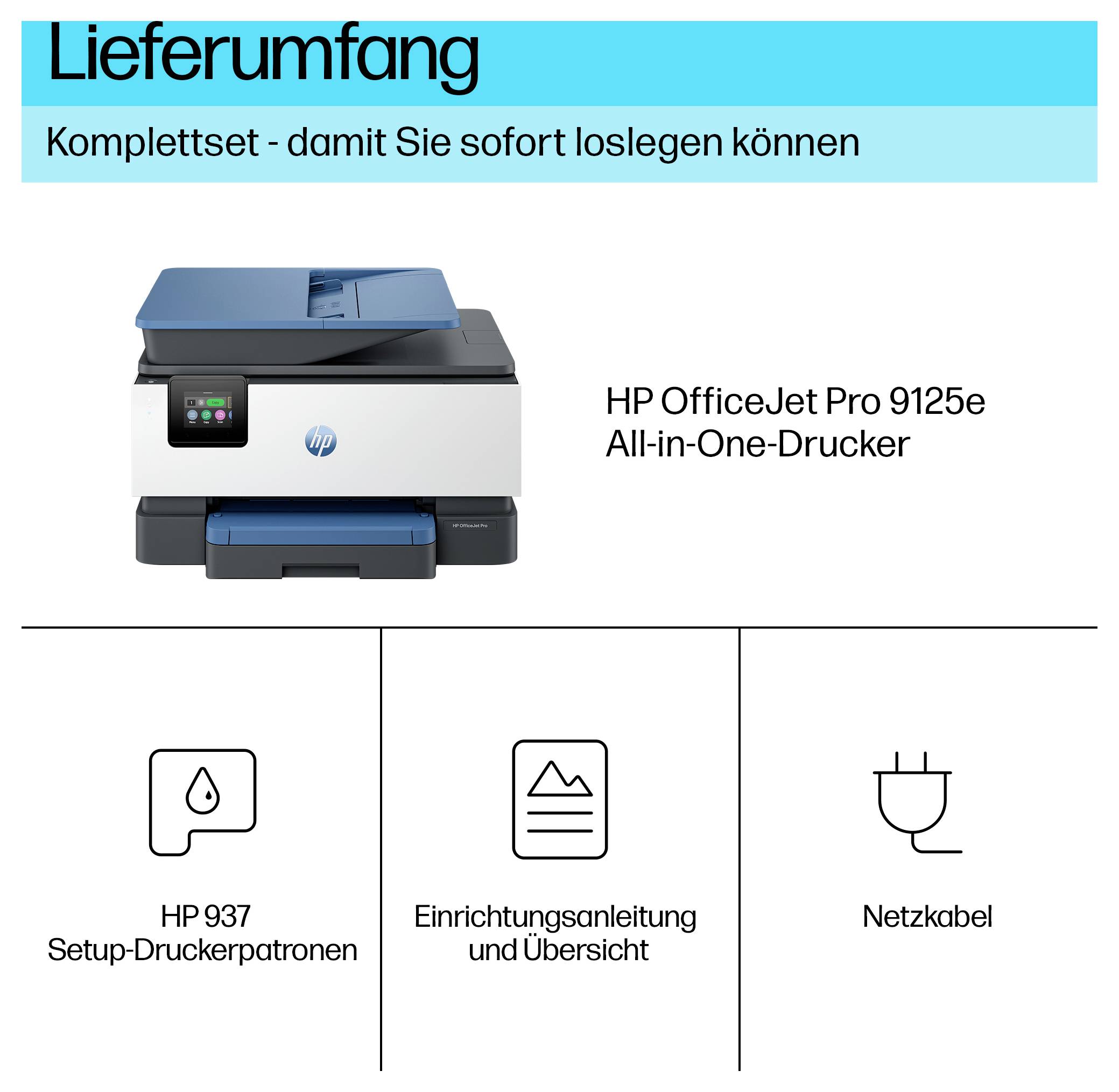 Enthält einen Drucker mit der Bezeichnung 'HP OfficeJet Pro 9125e All-in-One-Drucker', Startpatronen, Handbuch/Übersicht und Netzkabel.