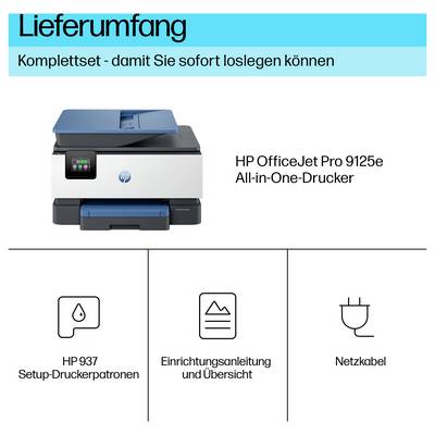 Enthält einen Drucker mit der Bezeichnung 'HP OfficeJet Pro 9125e All-in-One-Drucker', Startpatronen, Handbuch/Übersicht und Netzkabel.