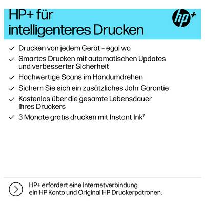HP+ für intelligenteres Drucken" hebt folgende Funktionen hervor: Drucken von jedem Gerät, intelligentes Drucken mit Updates, zusätzliche Garantie, kostenlose Garantieverlängerung, 3 Monate kostenloses Drucken mit Instant Ink.