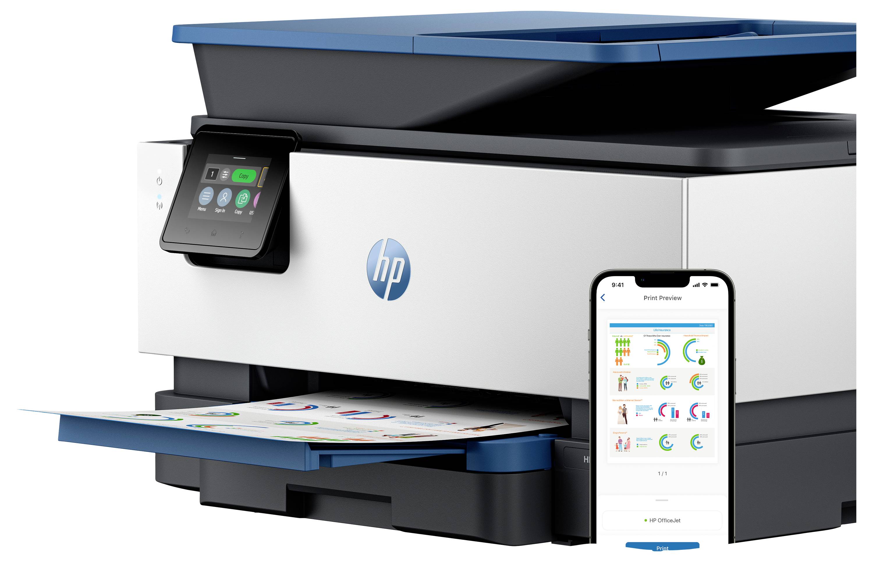 Ein drahtloser Multifunktionsdrucker mit einem Touchscreen, neben dem ein Smartphone mit einer Vorschau bunter Dokumente angezeigt wird.