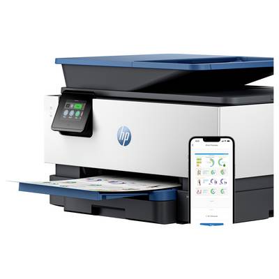 Ein drahtloser Multifunktionsdrucker mit einem Touchscreen, neben dem ein Smartphone mit einer Vorschau bunter Dokumente angezeigt wird.