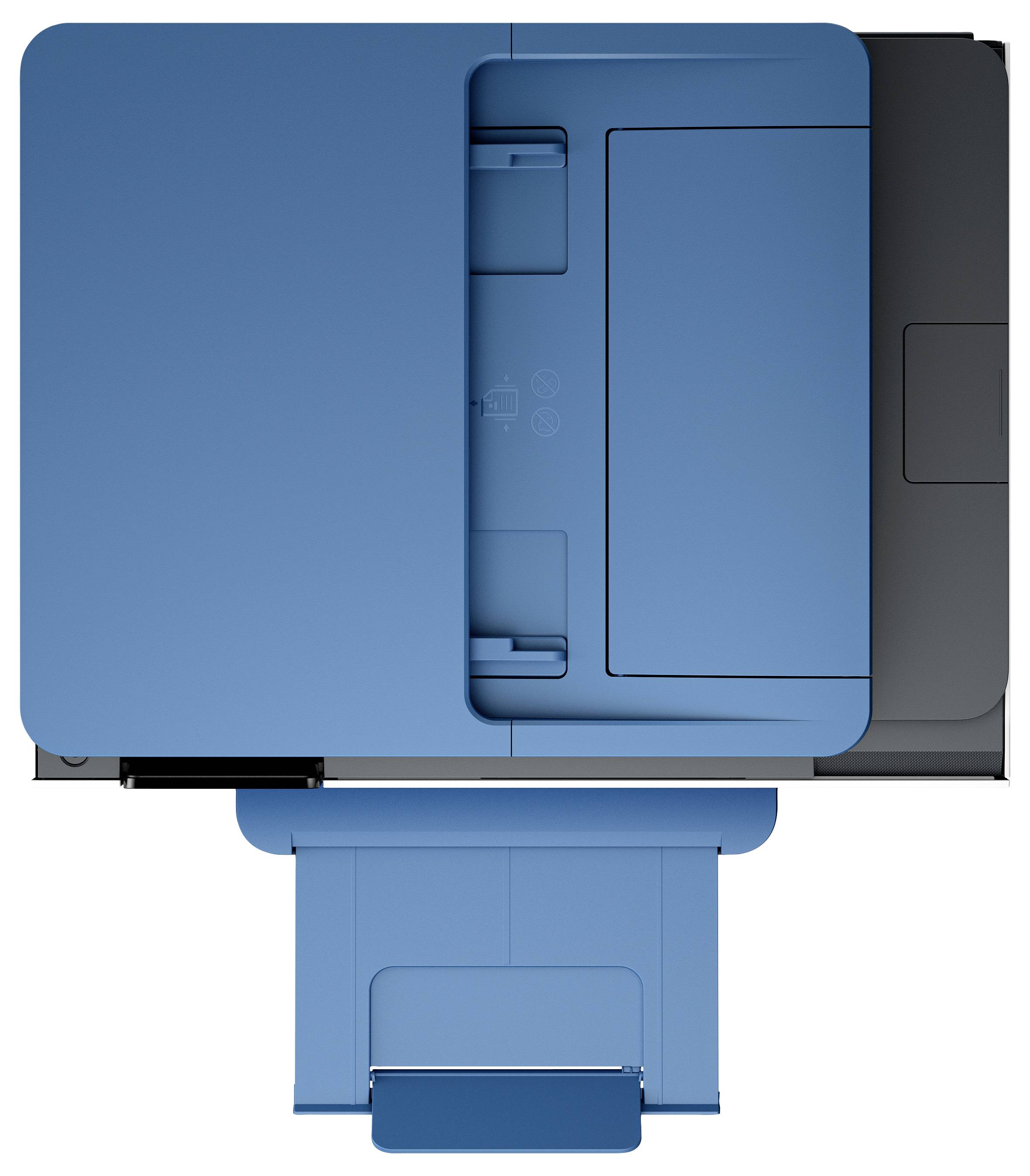 Eine Draufsicht eines blauen Druckers mit ausgefahrenem Papierfach, die sein kompaktes und modernes Design für Heim- oder Büronutzung hervorhebt.