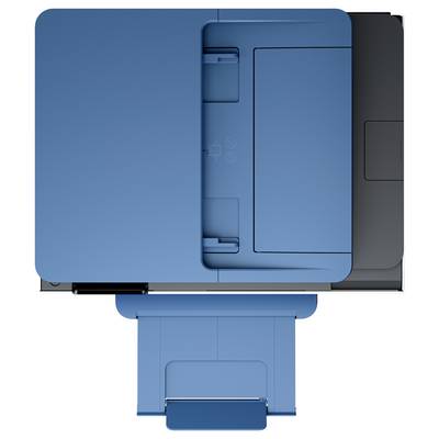 Eine Draufsicht eines blauen Druckers mit ausgefahrenem Papierfach, die sein kompaktes und modernes Design für Heim- oder Büronutzung hervorhebt.