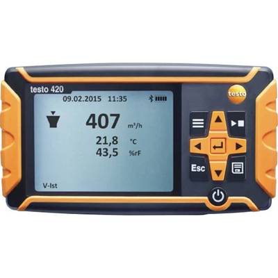 Ein digitales Gerätedisplay zeigt '407 m³/h, 21,8°C, 43,5% rF', datiert '09.02.2015 11:35', mit Navigationstasten rechts.