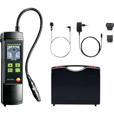 Gaslecksuchgerät mit flexibler Sonde, Ladegerät, Adaptern und Transportkoffer. Das Display des Geräts zeigt Statusicons, Tasten sind sichtbar.