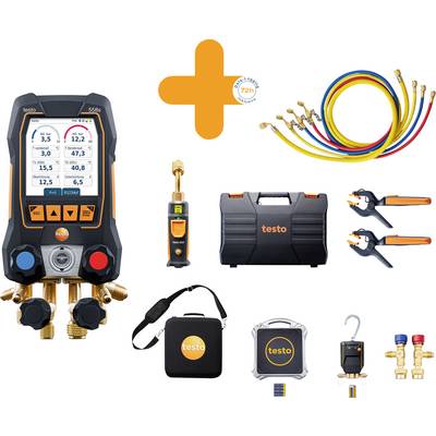 Ein professioneller HVAC-Werkzeugkoffer, der ein digitales Verteilermessgerät, Messfühler, Schläuche, Thermometer und einen Koffer für präzise Messungen und Wartungsaufgaben umfasst.