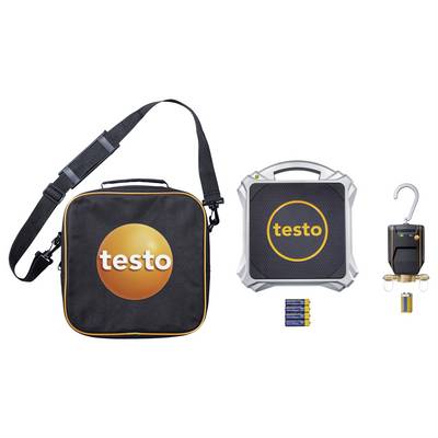 Eine Transporttasche, ein Messgerät, eine Waage und Batterien mit dem Markenlogo "testo" prominent platziert.