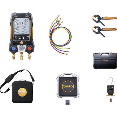Digitales Verteilerarmatur-Set mit Schläuchen, verstellbaren Schraubschlüsseln, Koffer, Gurt, Skala und Haken, entwickelt für HVAC-Systemdiagnose und -reparaturen.