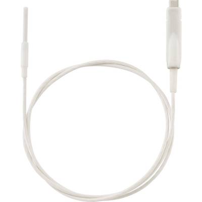Ein weißes USB-Ladekabel mit einem Ende, das einen USB-A-Stecker und am anderen Ende einen USB-C-Stecker aufweist, das zu einem Kreis aufgerollt ist.