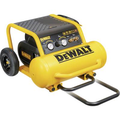 Ein gelber tragbarer DEWALT Luftkompressor mit Druckmessgeräten und einem Griff, entworfen für einfachen Transport und effiziente Betriebsweise.