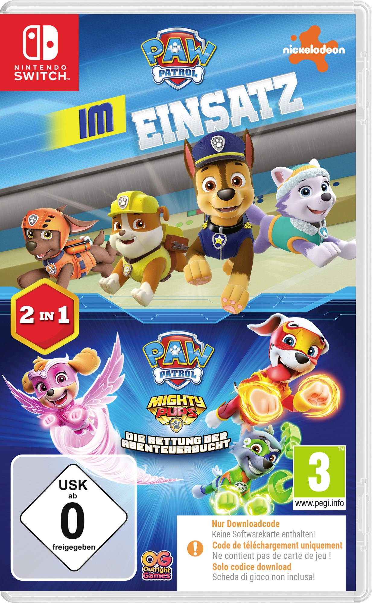 Videospielcover mit animierten Charakteren aus „PAW Patrol" mit dem Text „IM EINSATZ" und „2 IN 1". Geeignet für Kinder ab 3 Jahren.