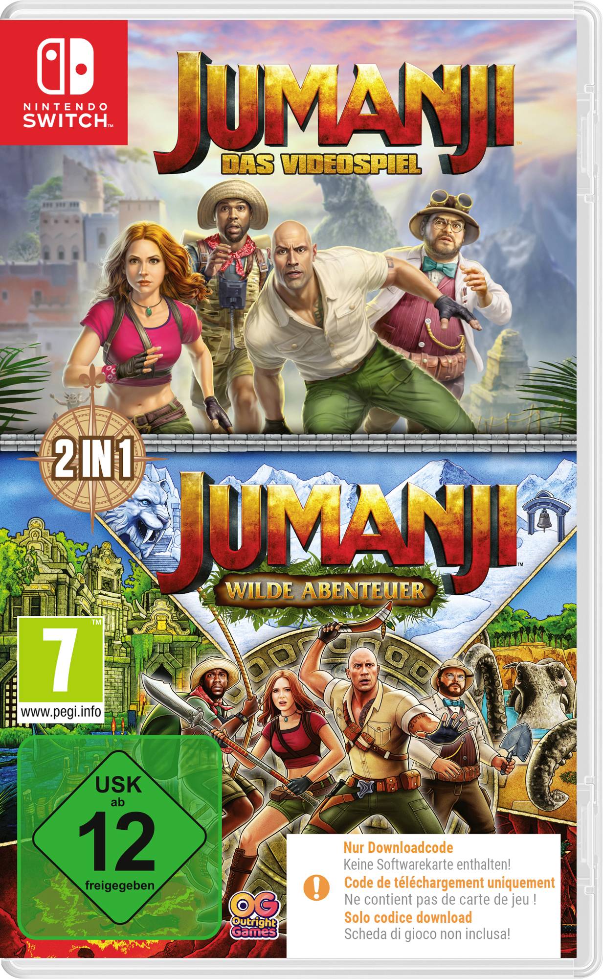 "Nintendo Switch-Spielcover mit zwei Jumanji-Spielen: „Das Videospiel" und „Wilde Abenteuer". Die Bilder zeigen abenteuerliche Szenen."