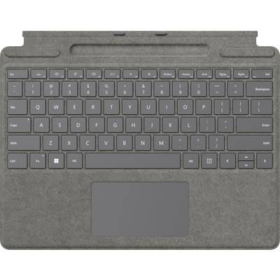 Eine graue Tastaturabdeckung mit Touchpad, entwickelt für ein Tablet oder 2-in-1-Gerät. Sie verfügt über Standard-Tasten und Funktionstasten.