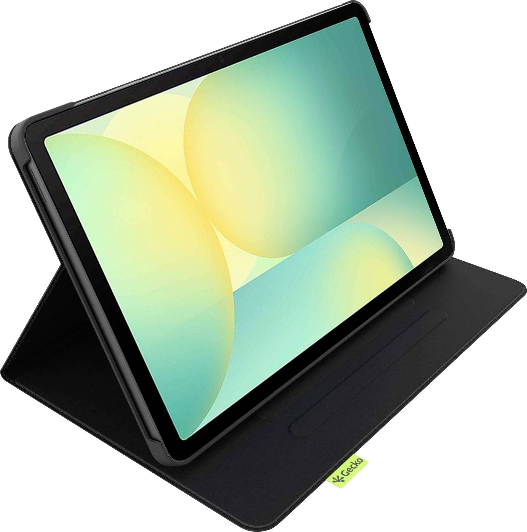 Ein Tablet mit einem farbenfroh schimmernden Bildschirm in einem schwarzen Folio-Etui, aufgeklappt zum Betrachten, mit abstrakten Formen in Grün- und Gelbtönen.