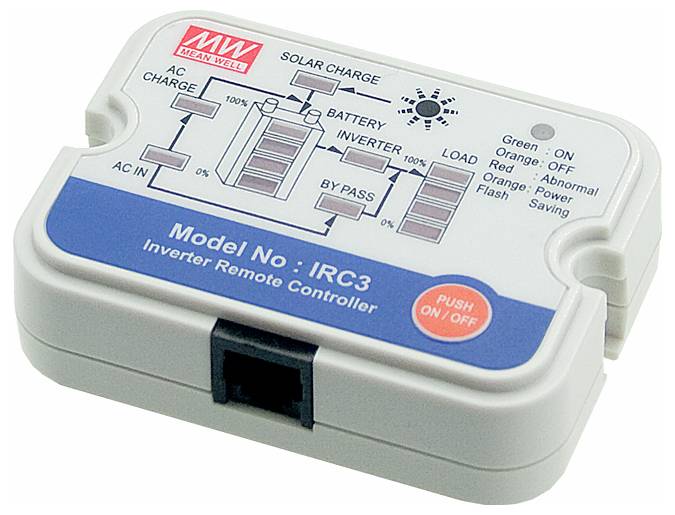 "MW Wechselrichter-Fernbedienung, Modell Nr: IRC3". Zeigt AC-Ladung, Solarladung-Indikatoren und Taste für Ein/Aus.