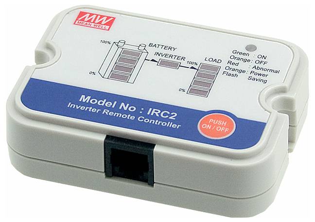 Ein kleiner rechteckiger Wechselrichter-Fernbedienungscontroller mit der Bezeichnung "Modell-Nr.: IRC2" mit einer Ein-/Aus-Taste sowie Batterie- und Lastanzeigen.