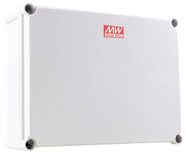 Eine graue Mean Well Verteilerdose mit rotem Logo auf der Frontseite, mit abgerundeten Kanten und konzipiert für die Unterbringung elektrischer Komponenten.