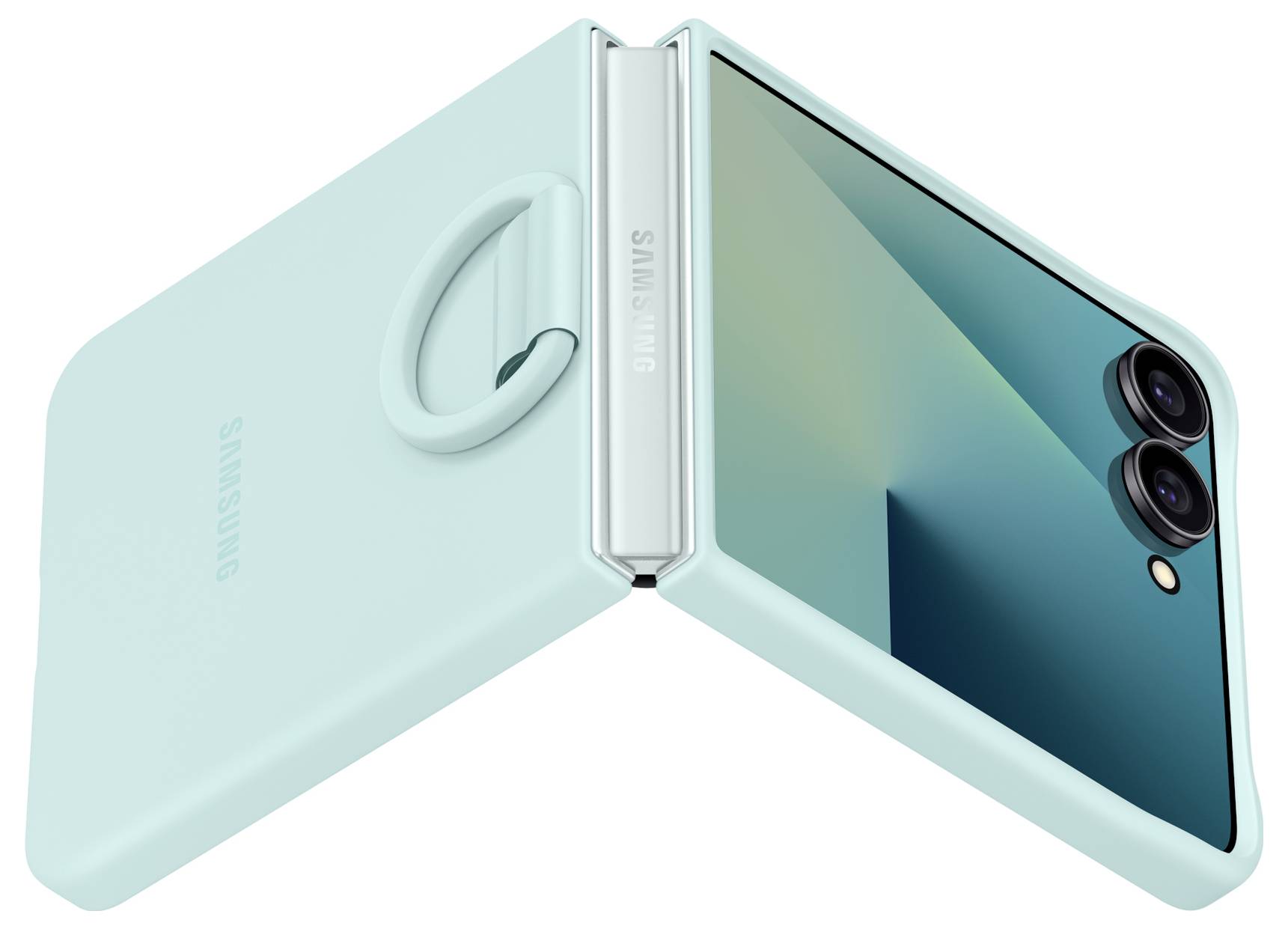 Faltbares Smartphone teilweise geöffnet in einer pastellgrünen Hülle, mit zwei Rückkameras und glänzender Scharnier mit eingravierter "Samsung"-Aufschrift.