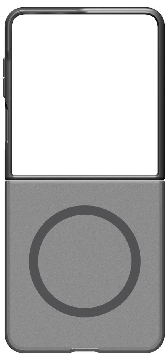 Eine schlanke, graue Handyhülle mit einem kreisförmigen MagSafe-kompatiblen Design, die einen minimalistischen, modernen Stil zeigt.