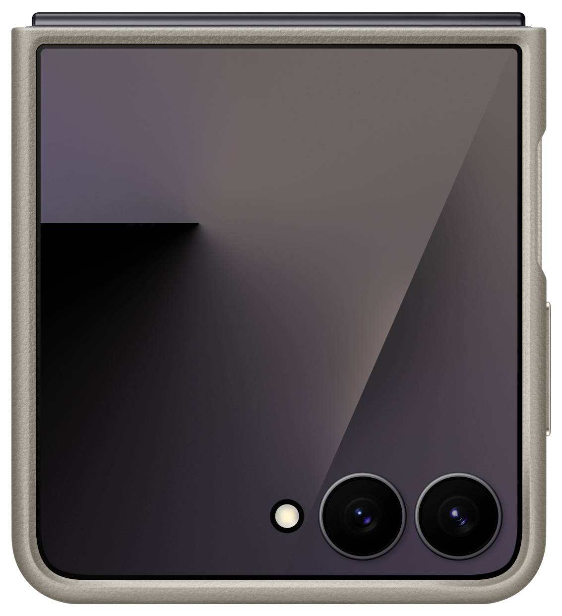 Ein faltbares Telefon mit elegantem Design, zur Hälfte gefaltet, das zwei Rückkameras und einen kleinen Bildschirm auf der glänzenden Oberfläche zeigt.